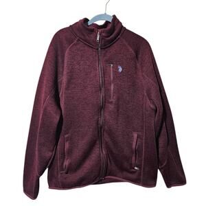 US Polo Assn Burgundy Full Zip Marl‎ Fleece Pony Sweater Knit Jacket Mens Large